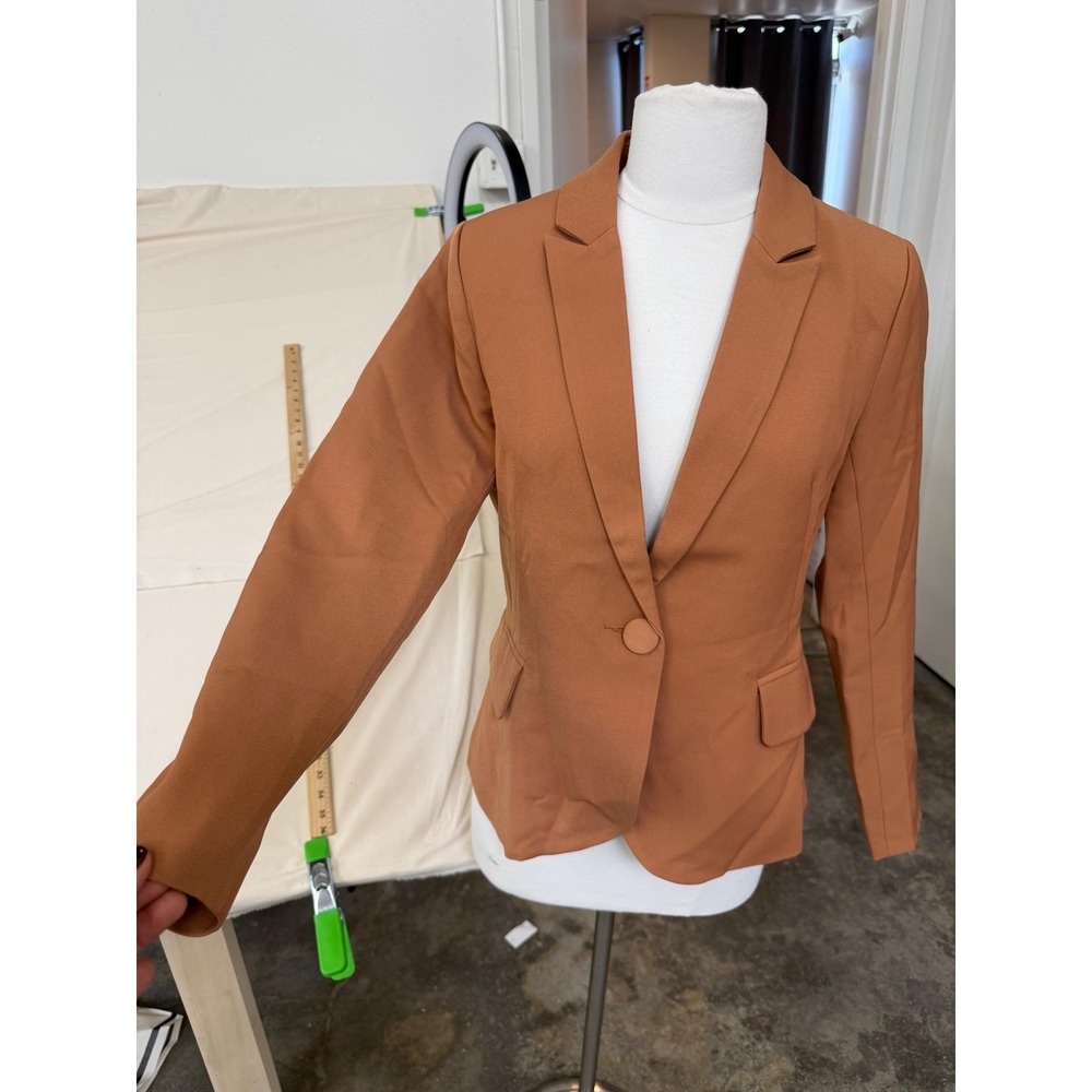 Womens Camel Brown Single Button Blazer Polka Dot Lining XS TO-2992-7